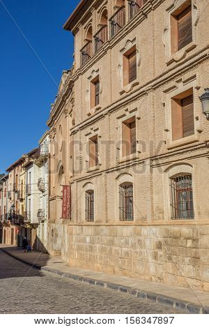 DAROCA, SPAIN - OCTOBER 28, 2016: Central cobblestoned street of medieval city Daroca in Spain