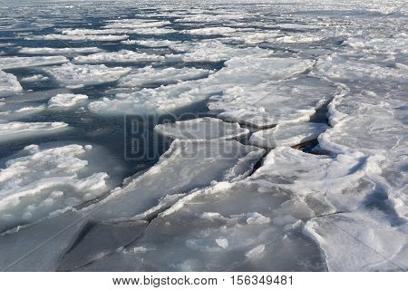 Formation of ice at the sea. Floating ice.