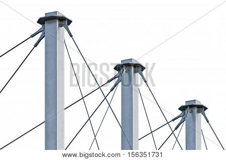 Tied Suspension Roof Cables, Three Tall Grey Isolated Masts, Cable-suspended Swooping Rooftop Pylon Anchors, Pale Blue Summer Sky, Large Detailed Horizontal Closeup, Contemporary Construction Concept