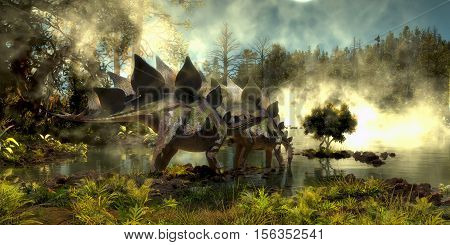 Stegosaurus in Swamp 3D Illustration - Stegosaurus dinosaurs come down to a marsh for a drink of water in the Jurassic Period of North America.