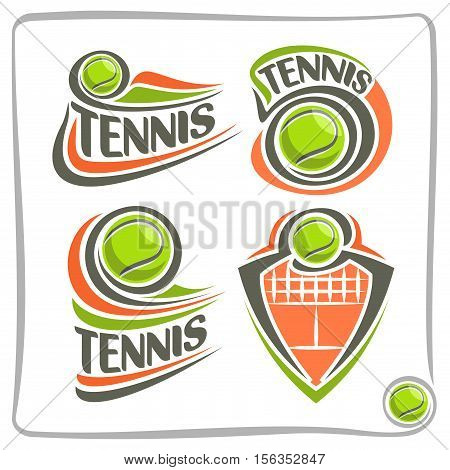 Vector abstract logo lawn Tennis Ball, decoration sign sports club, simple green ball flying on ground court with net, set isolated sporting equipment icon, flat design concept school blazon.