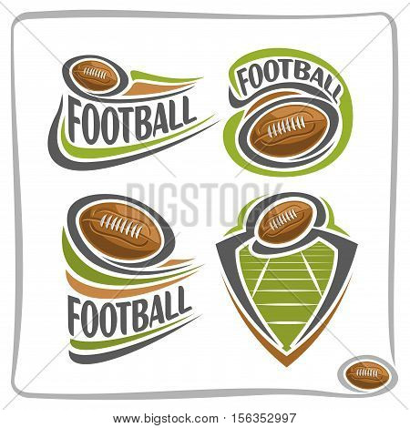 Vector abstract logo american Football Ball, decoration sign sports club, simple line brown ball pigskin flying above green field in goal, isolated sporting icon, flat design school blazon.