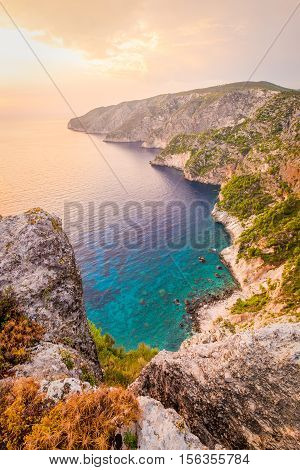 Ocean coastline landscape view at sunset Zakynthos island near Kampi Greece