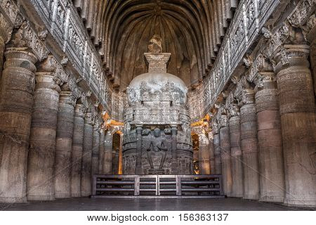 AJanta caves, India - March 3, 2016: Statue of Buddha in Ajanta caves near Aurangabad, Maharashtra state in India