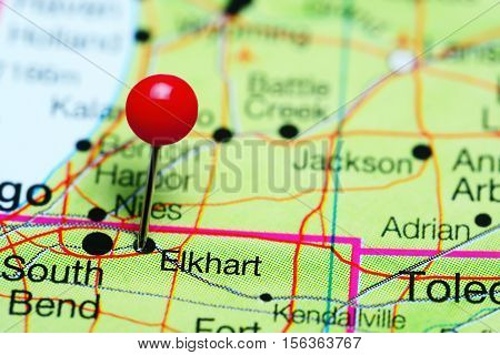 Elkhart pinned on a map of Indiana, USA