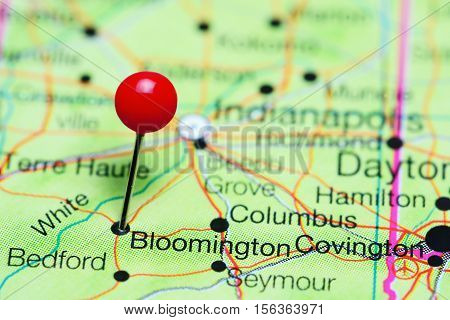 Bloomington pinned on a map of Indiana, USA