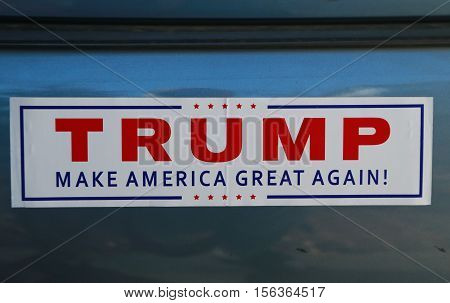 BROOKLYN, NEW YORK - NOVEMBER 13, 2016: Bumper sticker in support of presidential candidate Donald Trump on display in Brooklyn, New York after Election Day 2016