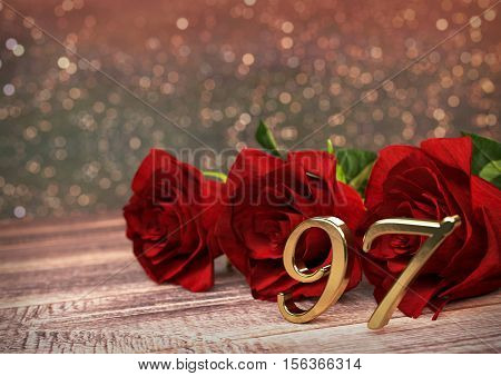 birthday concept with red roses on wooden desk. 3D render - ninety-seventh birthday. 97th