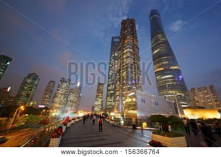 SHANGHAI, CHINA - NOV 6, 2015: Night tall skyscrapers, China tallest skyscraper (Shanghai Tower) height of 630 meters