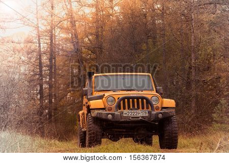 Leningrad Oblast, Russia, October 22, 2016 Offroad expedition by jeep Wrangler in the Leningrad region, the Jeep Wrangler is a compact four wheel drive off road and sport utility vehicle