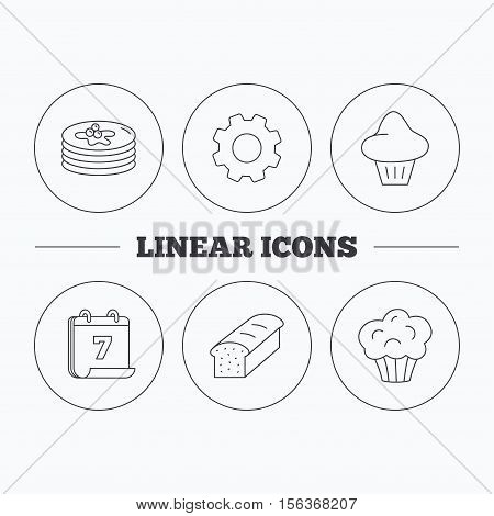 Pancakes, brioche muffin and toast bread icons. Cupcake linear sign. Flat cogwheel and calendar symbols. Linear icons in circle buttons. Vector