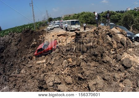 BEIRUT, LEBANON-AUGUST 4: A bridge damaged by Israeli bombings in 2006, overlooking a highway south of Beirut on August 4, 2006, Beirut,Lebanon.