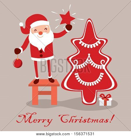 Postcard Santa Claus for Christmas. Characters cute flat. Funny cartoon characters with different emotions. Santa Claus ready for the new year.