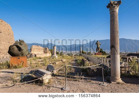 Pompeii Italy - August 29 2016: Artworks of Polish sculptor Mitoraj in Pompeii the ancient Roman city destroyed during a catastrophic eruption of the volcano Mount Vesuvius in 79 AD.