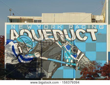 JAMAICA, NEW YORK - NOVEMBER 10, 2016: Aqueduct Race Track in Jamaica, New York. Aqueduct Racetrack is a Thoroughbred horse-racing facility and racino in Queens, New York City.
