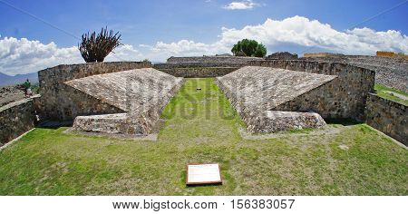 Panoramic view of the Ball court at Zapotec archaeological site of Yagul ruin, Oaxaca, Mexico. It was built in the Classic Period between 500 and 700 AD. Total length: 47 meters, Central field: length is 30 meters and wide is 6 meters.