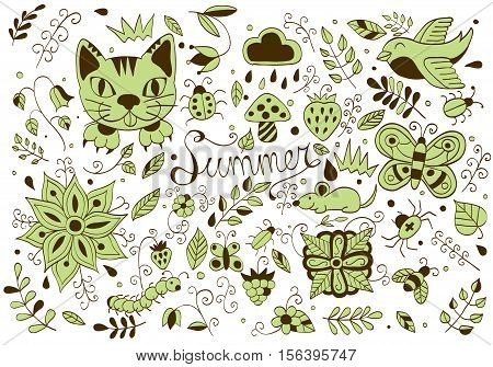 Cute hand drawn set of summer forest  elements. Doodle animals, birds, insects, herbs and flowers. Vector illustration