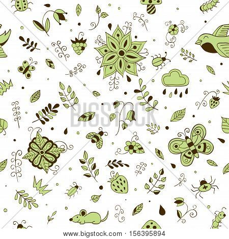 Cute hand drawn floral seamless  summer forest  pattern. Doodle animals, birds, insects, herbs and flowers. Vector illustration