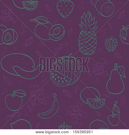 Colorful hand drawn seamless pattern with fruits and berries. Doodle pineapple, banana, watermelon, orange  peach and other juicy fruits