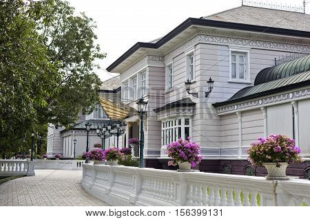 AYUTTHAYA, THAILAND - November 4, 2016: Towards the main entrance of Phra Thinang Uthayan Phumisathian one of many buildings making up the Bang Pa-In summer palace in Thailand