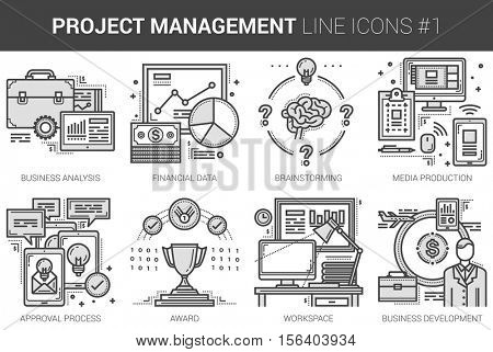 Project management infographic metaphor with line icons. Project management concept for website and infographics. Vector line art icon set isolated on white background.