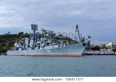Sevastopol, Russia - June 09, 2016: Kerch 753 was a Kara-class missile cruiser of the Soviet and later Russian Navy.