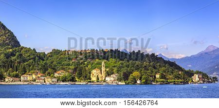 Tremezzo Tremezzina in Como lake district. Italian traditional lake village and garden. Panoramic view. Italy Europe.