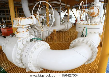 Valves manual in the production process. Production process used manual valve to control the system, Operator open and close or function the valve for controlled pressure or gas and oil flow rate.
