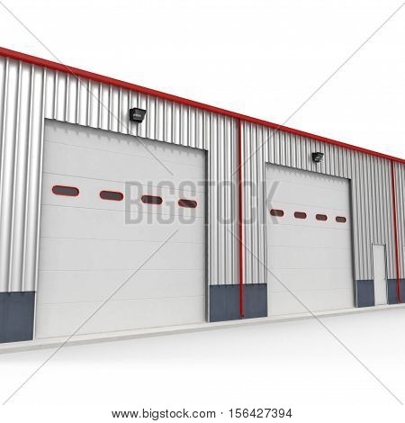 Prefab Steel Building garage door on white background. 3D illustration