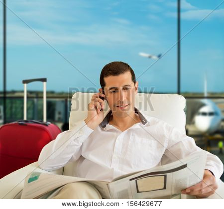 man commenting economy news in vip zone aiport