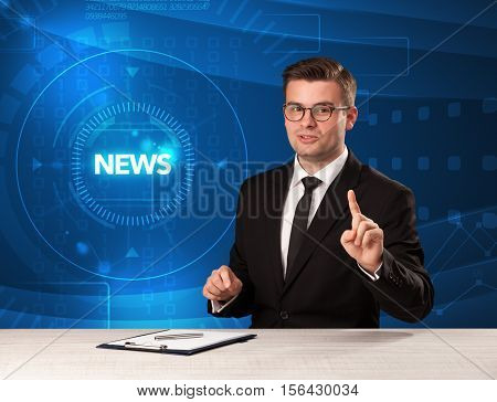 Modern televison presenter telling the news with tehnology background concept