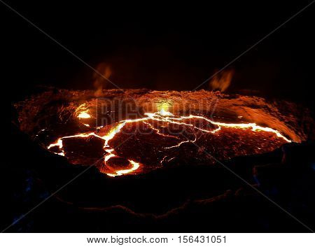 Panorama of Erta Ale volcano crater melting lava Danakil depression Ethiopia
