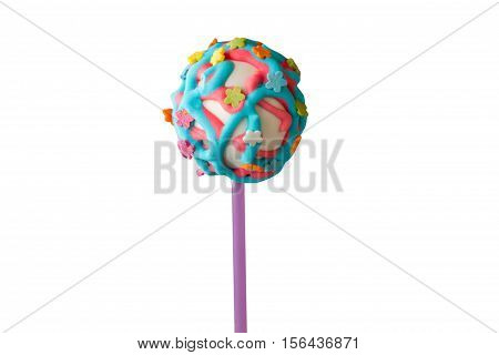 Ball-shaped dessert with frosting. Colorful cake lollipop. Tasty surprise for birthday kid. Try the flavor of holiday.