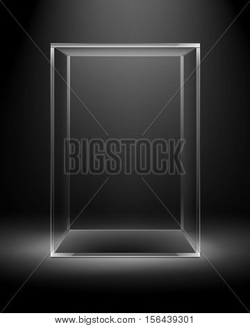 Vector Empty Transparent Glass Box Rectangle Cube Isolated on Dark Black Background with Backlight