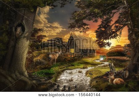 old decrepit house near a stream at sunset in the fabulous valley