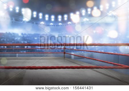 Empty Boxing Ring With Red Ropes For Match