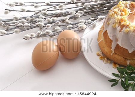 Easter cake, eggs and catkins