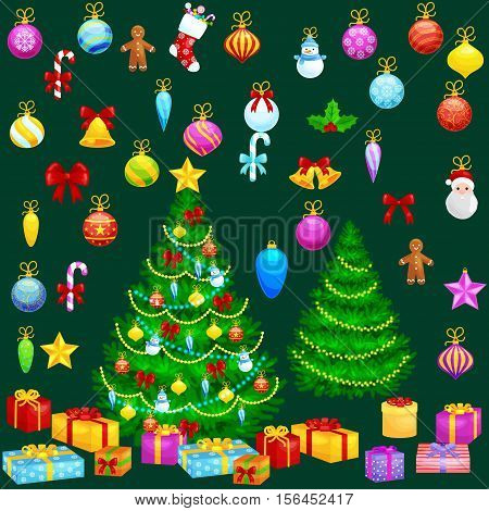 holiday christmas tree isolated decoration for celebrate xmass with ball gold bells candles stars lights candy and gingerbread men.