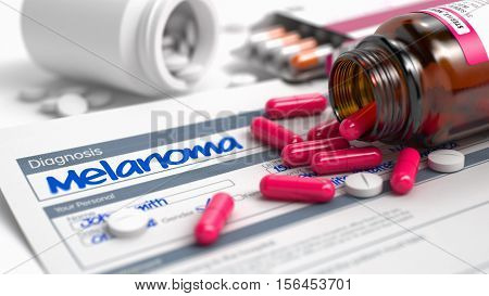 Melanoma Text in Disease Extract. Close View of Medical Concept. Melanoma - Handwritten Diagnosis in the Medical History. Medical Concept with Red Pills, Close Up View, Selective Focus. 3D Render.