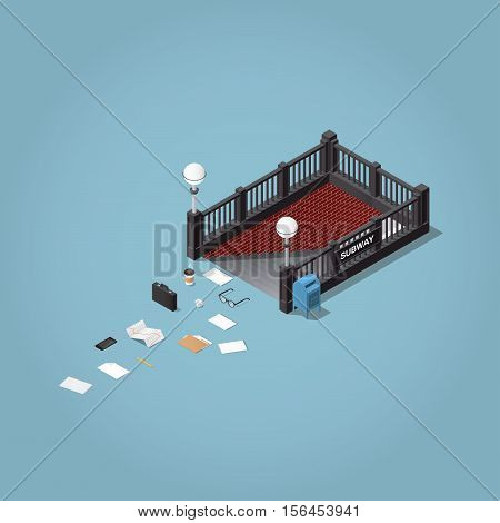 «A morning way to work» - isometric vector illustration. Subway station entrance with lost business men objects - briefcase paper glasses documents folder phone stock infographic.