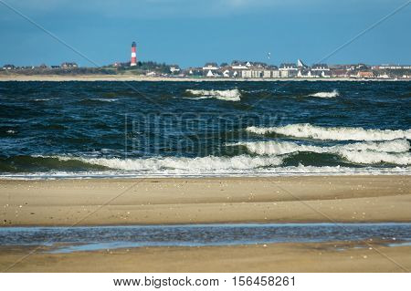 Waves on the North Sea coast on the island Amrum Germany.