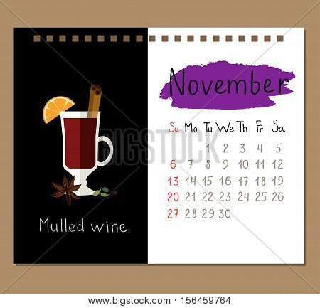Vector calendar page template for November with mulled wine and spices.