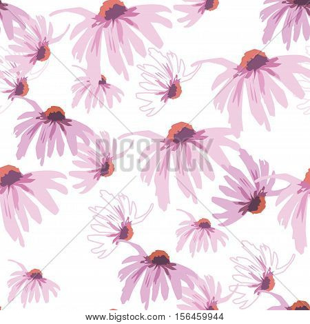 Seamless densely filled pattern with echinacea flower isolated on white.