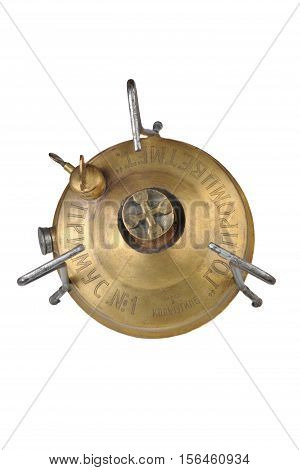 Old camping stove primus on white background