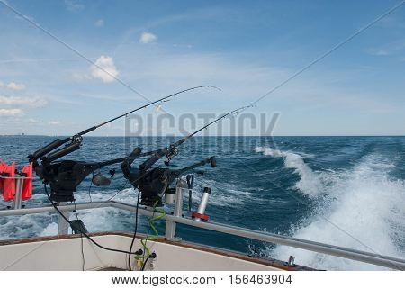 The boat goes into Lake Michigan with fishing equipment