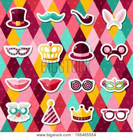 Set of Carnival Masks on Colorful Geometric Background. Vector illustration. Masquerade Party Stickers.