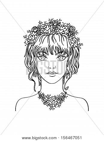 Hand drawn stylish beautiful young girl with curly hair and flowers. Summer girl portrait in hand draw style. Vector illustration of young girl with flowers in her curly hair.