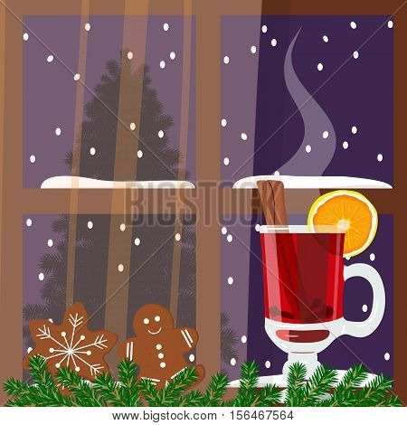 Christmas decorated room with window with hot mulled wine. Flat style vector illustration. Comfortable vista with hot wine punch, gingerbread man, green garland, curtains. For postcards, greetings