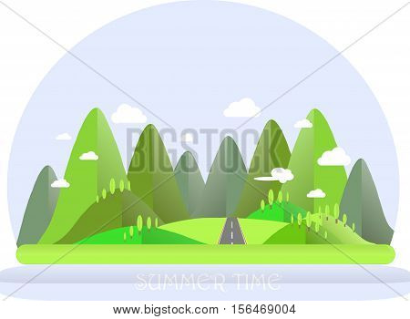Summer mountain landscape. Green hills, trees, blue sky, white clouds, grey highway. Flat design, stock vector illustration