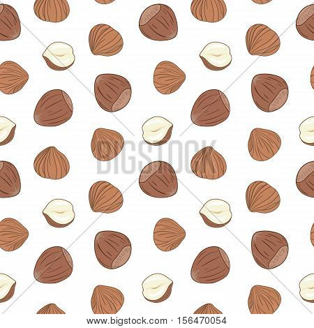 Seamless pattern with shelled and whole hazelnuts on white background. Hand drawn vector seamless pattern, eps10. For backgrounds, packaging, ads, interiors, labels and other designs.